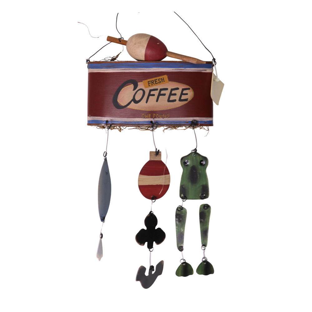 Folk Art Fishing Mobile Tin Metal Fisherman Lures Hanging Coffee Sign 14"
